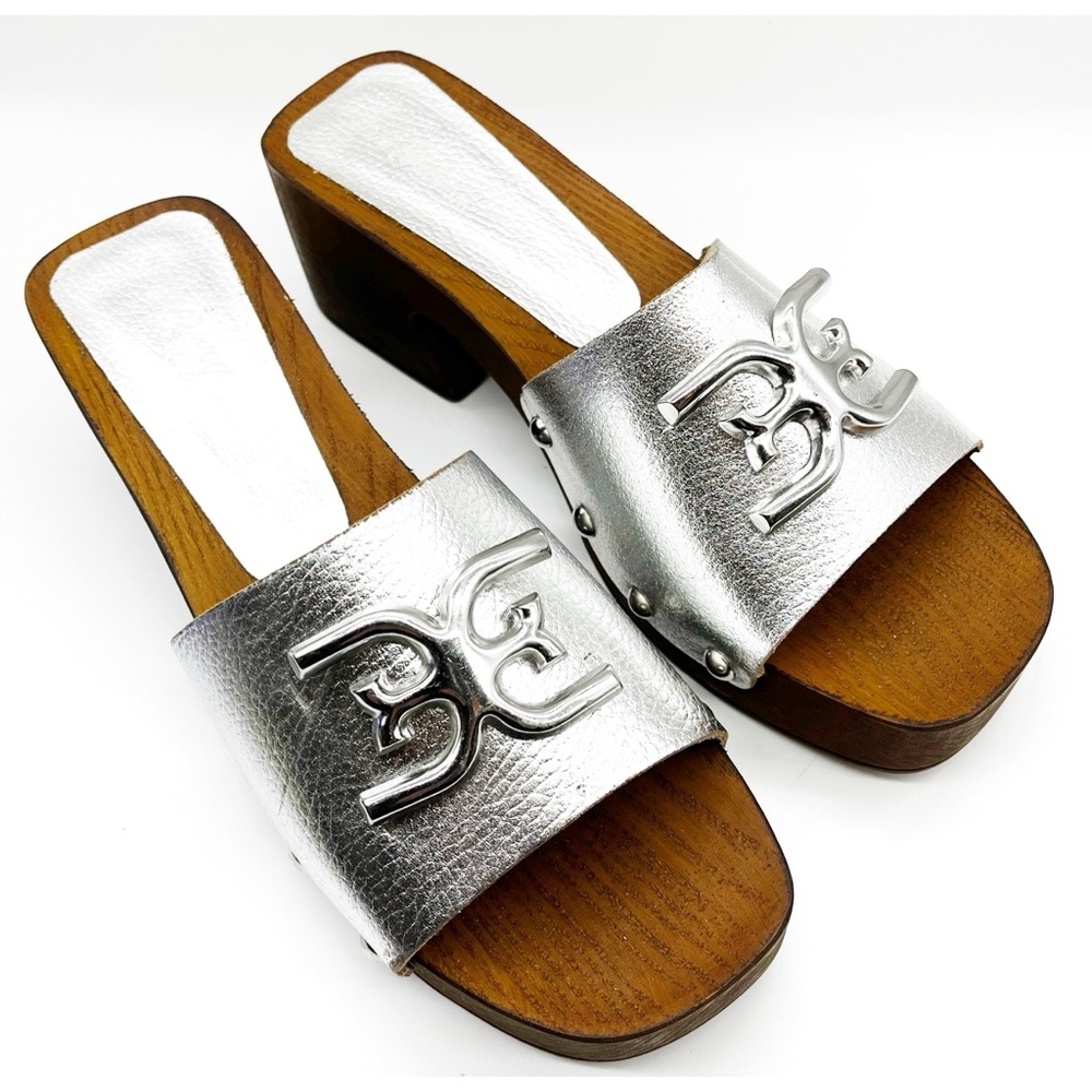 Sam Edelman Francina Silver Platform Slip On Slide Block Heel Mule 10 Italy